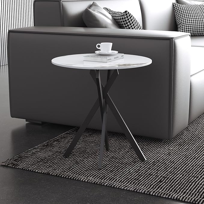 Small Round Marble Side Coffee Table Set of 2 with Metal Legs, Sintered Stone White Modern End Table for Living Room Sofa Home Bed Office (2 Pieces, 20"×20"×18")