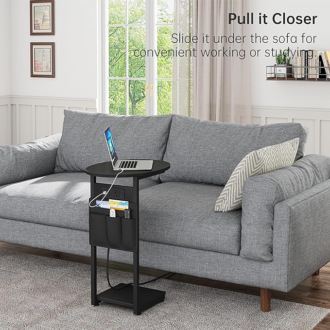 Vagusicc C Shaped End Table with Charging Station, Small Side Table for Couch, TV Tray Slide Under Sofa Table for Living Room Bedroom, Round Couch Side Table C Table for Sofa, Black