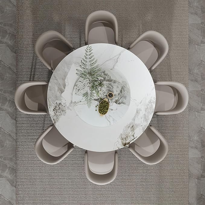 Ball & Cast 9-Piece Dining Set,Faux Marble Table with Detachable Rotating Tray & 8 PU Leather Chairs,Modern Kitchen Dining Room Table Set w/Stainless Steel Base,for Restaurant & Home,Grey