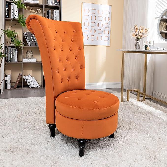 Container Furniture Direct Royal High-Back Velvet Accent Chair for Vanity with Storage and Luxurious Upholstery, Retro Design and Versatile Usage for Livingroom, Bedroom, Lounge and Office, Red Orange