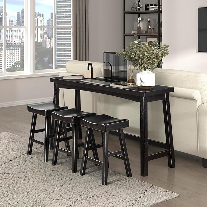 Lexicon Bar Table Set for 3, Small Kitchen Table Set Kitchen Island Table with 3 Saddle Bar Stools, 4 Piece Dining Table Set for Breakfast Nook, Living Room, Apartment, Counter Height, Black