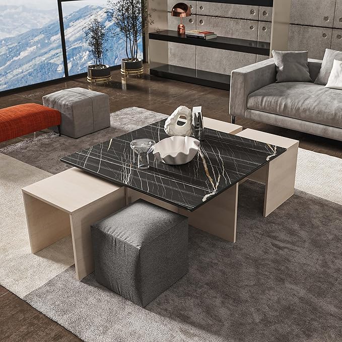 Manhattan Comfort Haley Mid Century Modern Coffee Table & Ottoman Set with Nested Design for Small Spaces, Versatile Living Room Furniture, Accent Decor, White and Black Marble