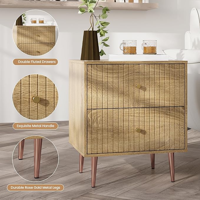 Wood Night Stand Set 2,Modern Bedside Table with Door and Open Storage Space,Fluted Nightstand and Wood End Side Table with Rose Gold Metal Legs and Handles for Bedroom,Living Room,Natural