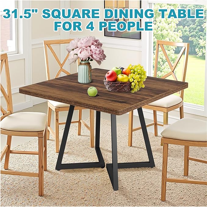 Square Dining Table for 2-4, 31.5" Small Dinner Table with Metal Frame Base Square Kitchen Tables for Dining Room, Kitchen, Living Room, Brown & Black