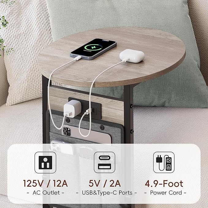 Vagusicc C Shaped End Table with Charging Station, 32" Tall Side Table for Couch and Recliner, Adjustable Height Small Couch Side Table Slide Under Sofa TV Tray Table for Living Room, Bedroom, Greige