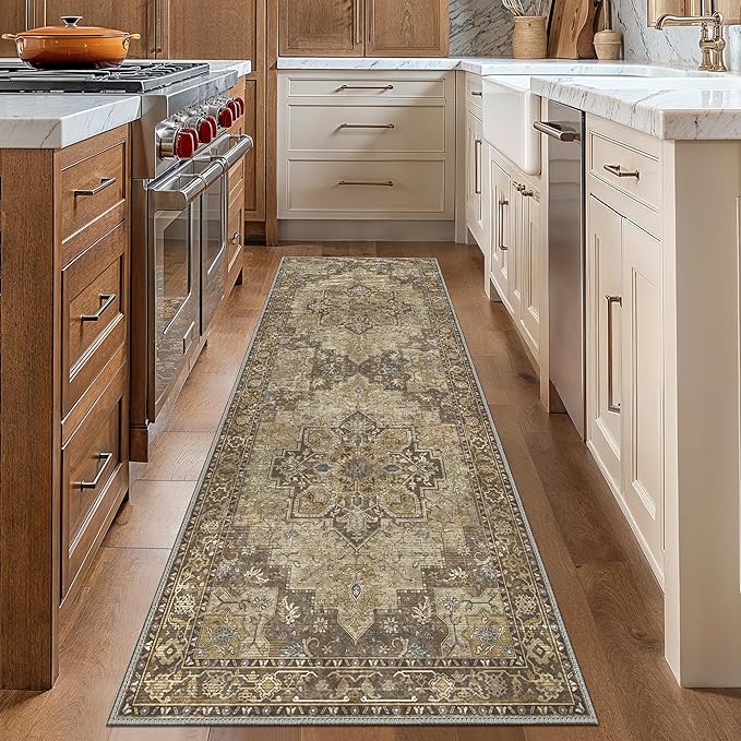 GENIMO 2x7 Runner Rugs for Hallway, Machine Washable Non Slip Vintage Rugs, Low Pile Lightweight Soft Print Rug for enrtyway, Corridor, Home Office, Kitchen, Rustic Brown