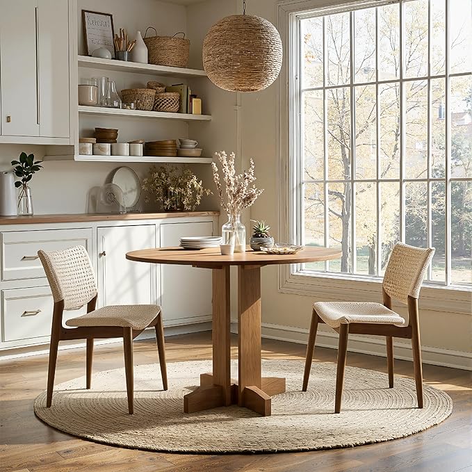 Acanva 47" Small Round Dining Table for 4 Person, MDF Top and Sturdy Wood Base Structure, Modern Design for Kitchen, Compact Space & Apartment, Natural Oak