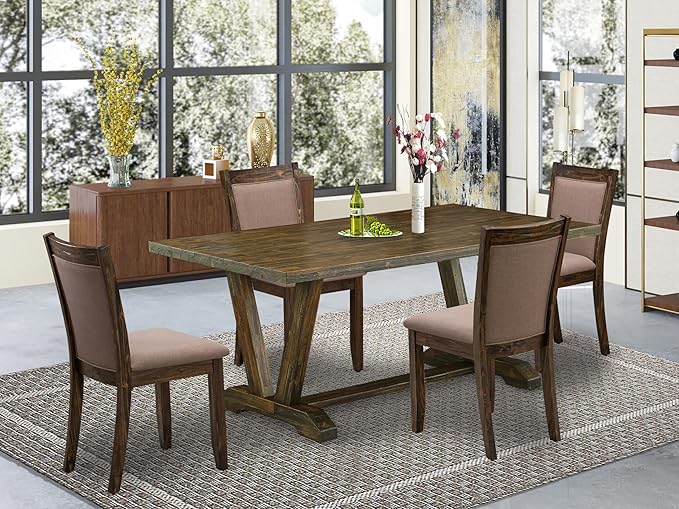 East West Furniture V777MZ748-5 5 Piece Dining Room Furniture Set Includes a Rectangle Dining Table with V-Legs and 4 Coffee Linen Fabric Upholstered Chairs, 40x72 Inch, Multi-Color