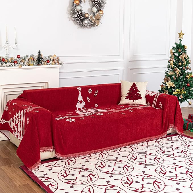 MYSKY HOME Couch Covers for Pets Thick Chenille Christmas Red Sofa Slipcover Non Slip Soft Couch Sofa Cover, Washable Furniture Protector Sofa Slipcover with Tassel for Kids, Dogs, 71"x118"