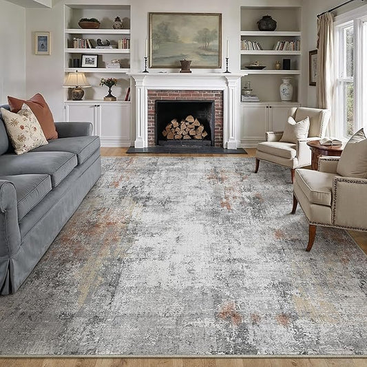 8x10 Washable Area Rug Grey Rust Modern Neutral Abstract Living Room Bedroom Indoor Floor Carpet Low Pile Soft Non-Slip Lightweight Vacuumable Large Throw Rug for Kitchen Dining Room