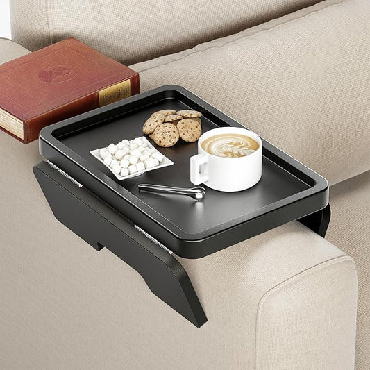 HOLANA Acacia Wood Sofa Armrest Tray - 13.75 x 9.5in Double Hinge Sofa Arm Tray Table Clip - Couch Arm Table - Wooden Side Tables for Eating and Drink (Black Color)
