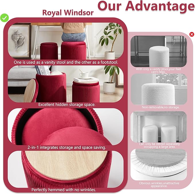 Royal Windsor Round Ottoman with Storage Set of 2,Vanity Stool with Storage for Bedroom, Ottoman Coffee Table,Small Velvet Foot Stool for Living Room, Burgundy