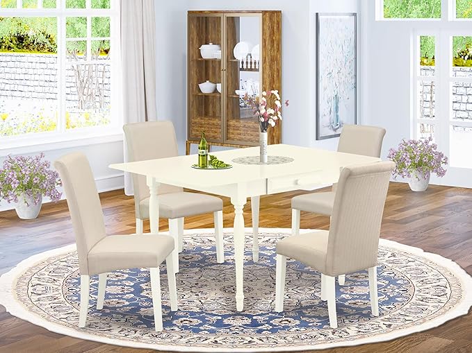 East West Furniture MZBA5-LWH-01 5 Piece Dinette Set Includes a Rectangle Dining Room Table with Dropleaf and 4 Cream Linen Fabric Upholstered Parson Chairs, 36x54 Inch, Linen White