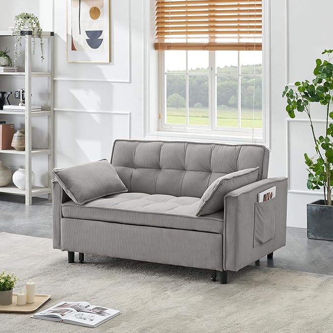 Ball & Cast Convertible Sofa Bed,Pull Out Loveseat Sleeper Sofa,Convertible Pull Out Couch W/2 Pillows,Adjustable Backrest & Side Pocket,Corduroy Futon Couches for Living Room,Apartment,Light Gray,54"