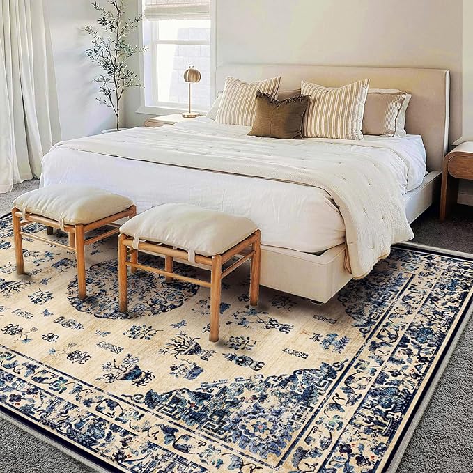 Washable Area Rug 8'x10' Retro Boho Design Non-Shedding Non-Slip Easy Care Ideal for High Traffic Areas in Living Room Bedroom Office Coffee Table Kitchen Large Carpet