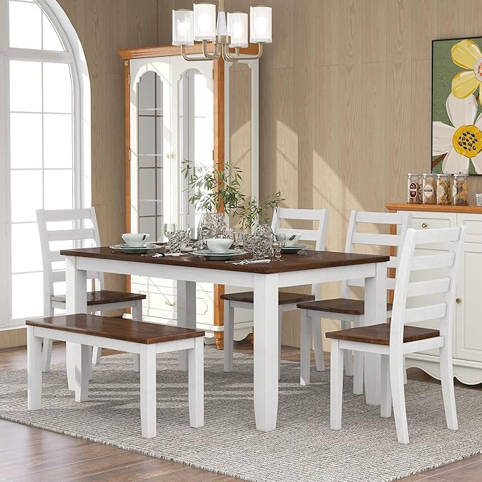 6 Pieces Dining Table Set with 1 Bench & 4 Ergonomic Designed Chairs,Wooden Living Room Furniture W/ 60" Rectangle Kitchen Desk,for Restaurant,Home Bistro,Walnut+Cottage White
