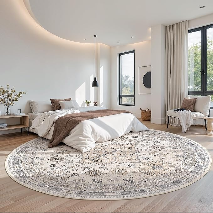 zesthome 9ft Round Rugs for Living Room, Non-Slip Washable Round Area Rugs, Ultra-Thin Large Circle Rugs, Soft Low Pile Rug for Bedroom, Kitchen - Vintage Stain Resistant Round Rug (Beige,9'x9')