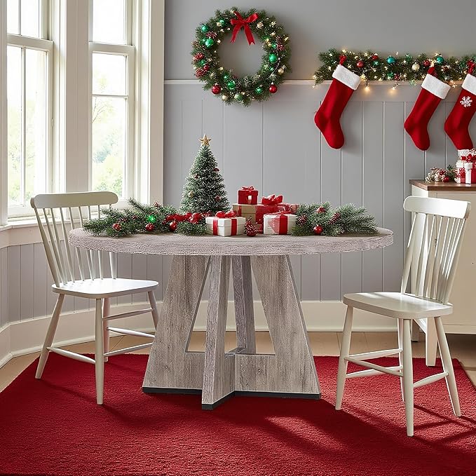 47" Round Dining Table for 4-6, Modern Dinner Table Farmhouse Round Small Kitchen Tables with Wooden Cross Base for Dining Room, Kitchen, Living Room, Gray