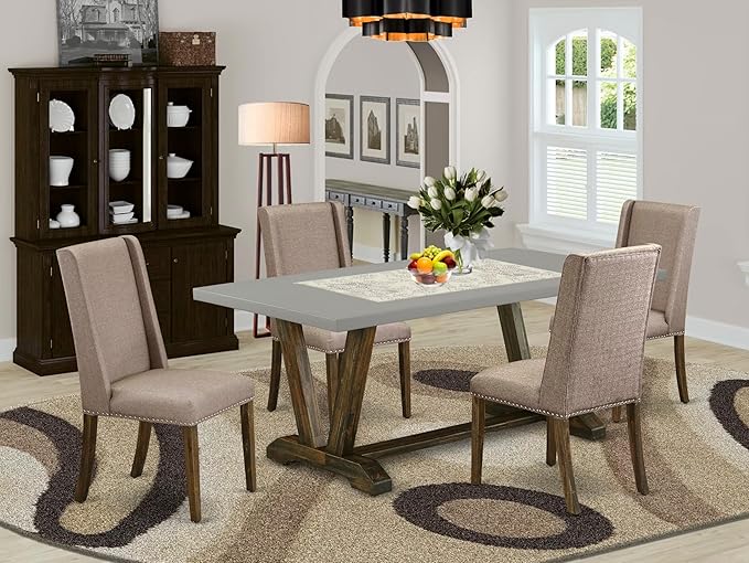 East West Furniture V797FL716-5 5 Piece Modern Dining Table Set Includes a Rectangle Wooden Table with V-Legs and 4 Dark Khaki Linen Fabric Parson Dining Chairs, 40x72 Inch, Multi-Color