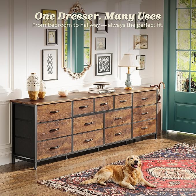 Huuger 70 Inch Dresser for Bedroom, TV Stand for 65, 75, 80 Inch TV, 13 Fabric Drawer Long Dresser, Large Entertainment Center for Bedroom, Wide Chest of Drawer with Storage, Rustic Brown