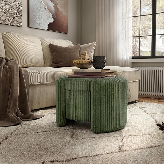 Furniture of America Lennox Modern Chenille 25-inch Round Storage Ottoman with Reversible Flip Top, Upholstered Footstool for Living Room, Bedroom, Entryway, Green