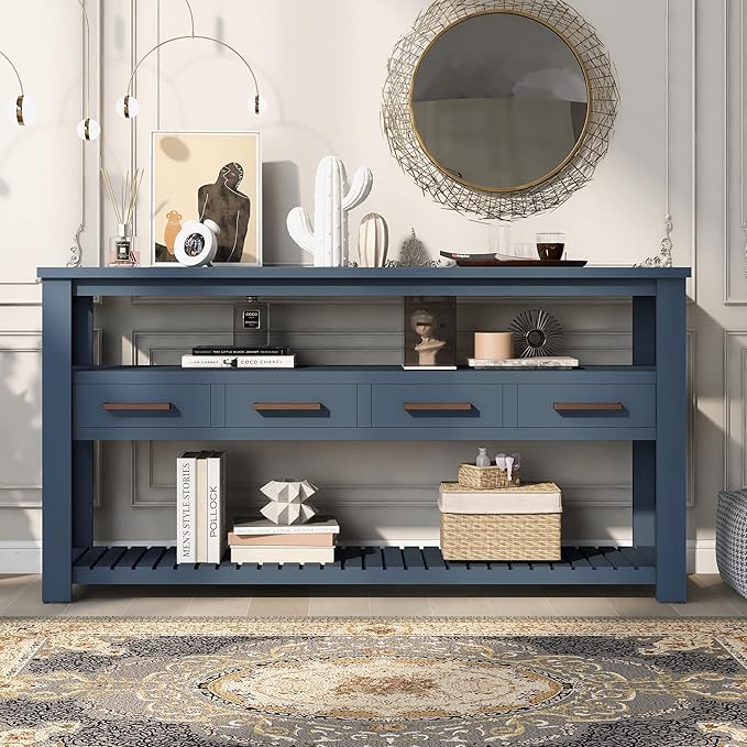 Ball & Cast 62.2“ Contemporary 4 Drawers Console Table, Long Entryway-Table with Drawer & 3 Tier Shelves, FarmhouseWood Storage Sofa Couch-Tables for Entrance Hallway Living, Blue