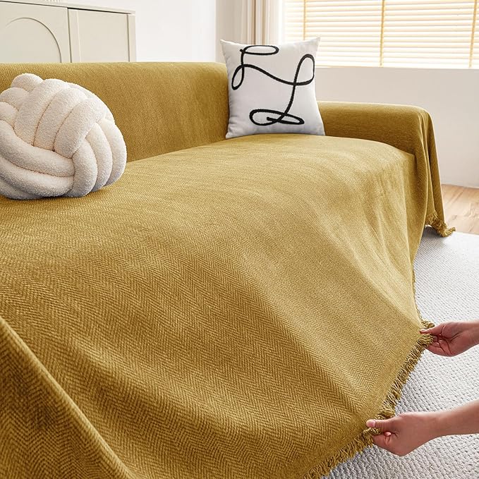 hyha Couch Cover for Dogs, Boho Sofa Covers for 3 Cushion Couch Washable, Chenille Sofa Slipcover for Pets, Soft Loveseat Sectional Couch Throw Blankets with Tassels (Yellow, 88.5x118 Inch)