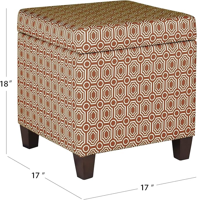 HomePop Upholstered Storage Cube Ottoman with Hinged Lid, Orange Geometric 17" x 17" x 18"