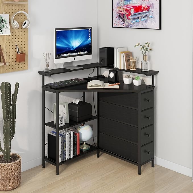 Corner Desk with Drawers Shelves for Small Space 90 Degrees Triangle Computer Desk with Power Outlets,Gaming Desk with LED Lights Monitor Stand for Home Office Workstation Writing Table (Black)