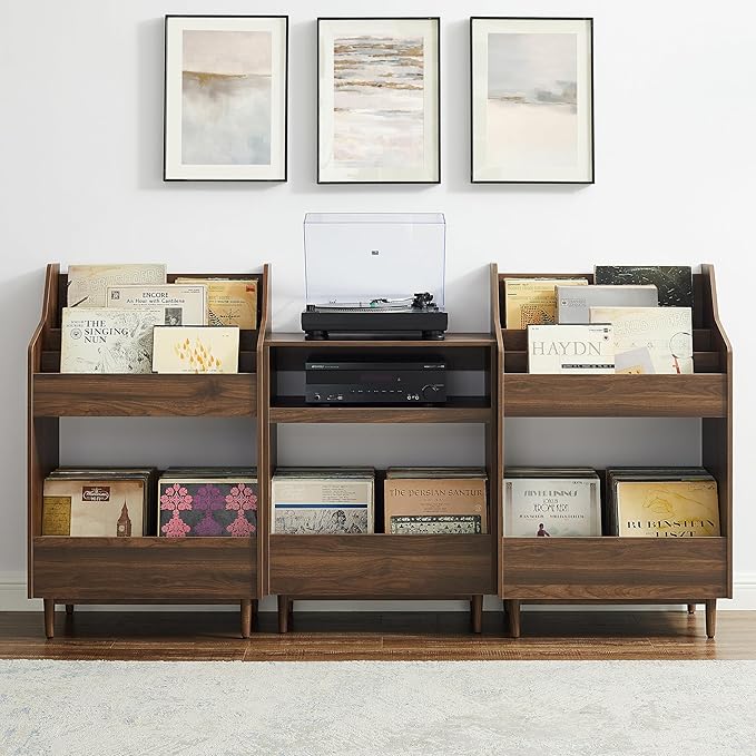 Crosley Furniture Liam 3-Piece Turntable Record Player Stand And Vinyl Storage, Mid Century Modern, Walnut
