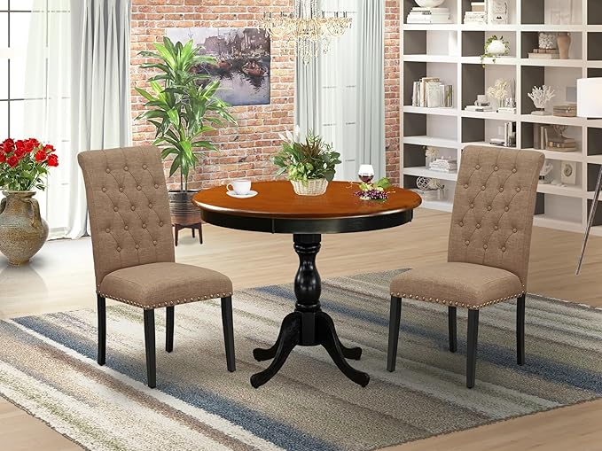 East West Furniture AMBR3-BCH-17 3 Piece Dining Table Set Contains a Round Kitchen Table with Pedestal and 2 Light Sable Linen Fabric Upholstered Kitchen Chairs, 36x36 Inch, Black & Cherry