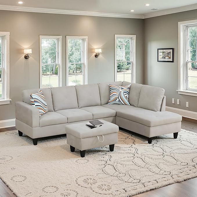 NicBex Sectional Couch 3 Pieces Sofa Set with Left Chaise Flannel L Shaped Cloud Couch for Living Room Furniture Sets with Storage Ottoman, Modular Sofa for Living Room & Apartment, Off-White