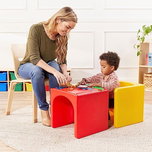 ECR4Kids Tri-Me Table and Cube Chair Set, Multipurpose Furniture, Red, 3-Piece