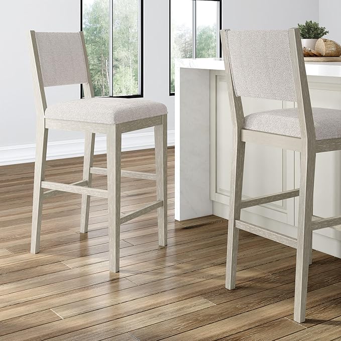 Plank+Beam Sereno Bar Stool, 30", Set of 2, Sturdy Wood Modern Kitchen Bar Height Stool, Upholstered Cushion Bar Chair with Back, Antique White/Ivory