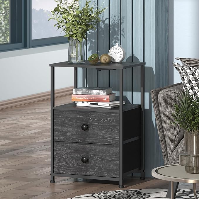 Tohomeor End Table with Charging Station, LED Light, Fabric Drawers, and USB Ports - Charcoal