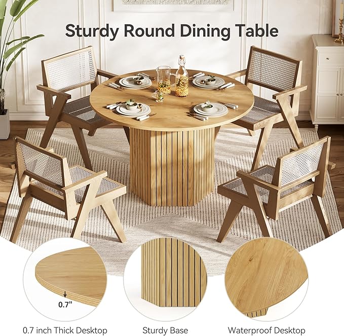 LITTLE TREE Round Wood Dining Table, 47-Inch Small Dining Table for 4, Modern Circle Kitchen Table with Wood Strip Base for Kitchen Living Room, Walnut