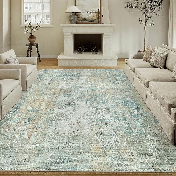 9x12 Area Rug Teal Beige Modern Neutral Abstract Living Room Bedroom Indoor Floor Carpet Low Pile Soft Non-Slip Lightweight Vacuumable Washable Large Throw Rug for Nursery Dining Room