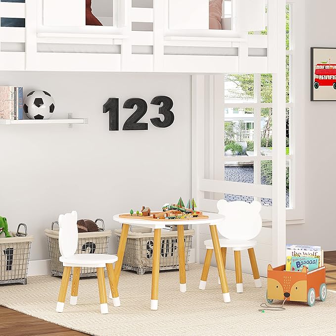 UTEX Kids Wood Table and Chair Set, Kids Play Table with 2 Chairs,3 Pieces Kids Round Table for Toddlers, Girls, Boys,White