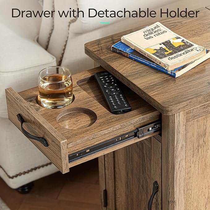 LINSY HOME Farmhouse End Table with Charging Station, Narrow Side Table for Living Room, Sofa Side Table with Drawer and Storage Cabinet, Small Nightstand for Home Office