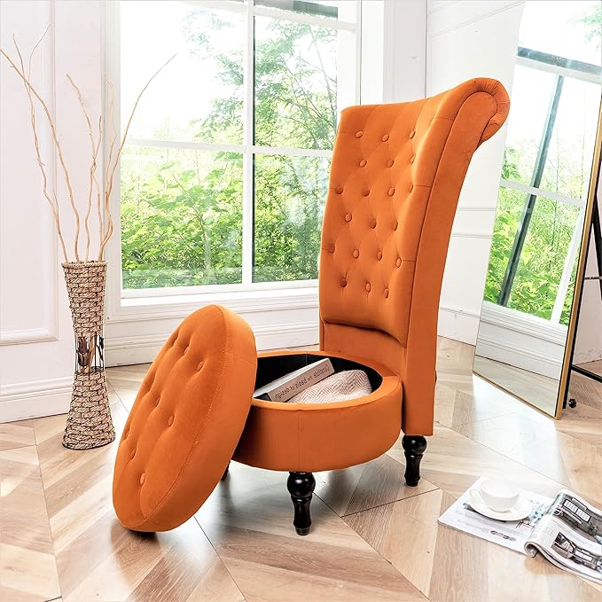 Container Furniture Direct Royal High-Back Velvet Accent Chair for Vanity with Storage and Luxurious Upholstery, Retro Design and Versatile Usage for Livingroom, Bedroom, Lounge and Office, Red Orange