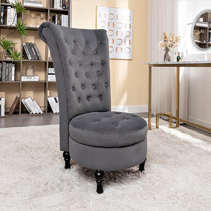 Container Furniture Direct Royal High-Back Velvet Accent Chair for Vanity with Storage and Luxurious Upholstery, Retro Design and Versatile Usage for Livingroom, Bedroom, Lounge and Office, Grey