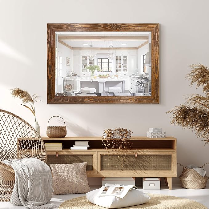 Maple Rustic Mirror Rectangular Barnwood Framed Wall Mirror for Home Decor, Vertical or Horizontal Hanging, 41x29