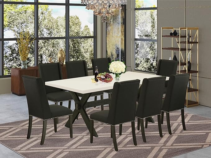 East West Furniture X627FL624-9 9 Piece Dining Room Furniture Set Includes a Rectangle Dining Table with X-Legs and 8 Black Linen Fabric Upholstered Parson Chairs, 40x72 Inch, Multi-Color