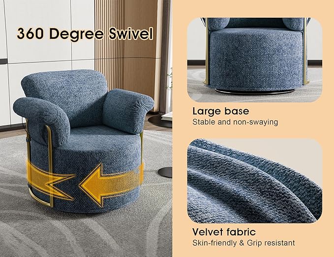 KEIKI Modern Comfy Swivel Accent Reading Chair, 360°Round Upholstered Barrel Armchair Single Club Lounge Sofa Chairs for Living Room,Bedroom, Office,Blue