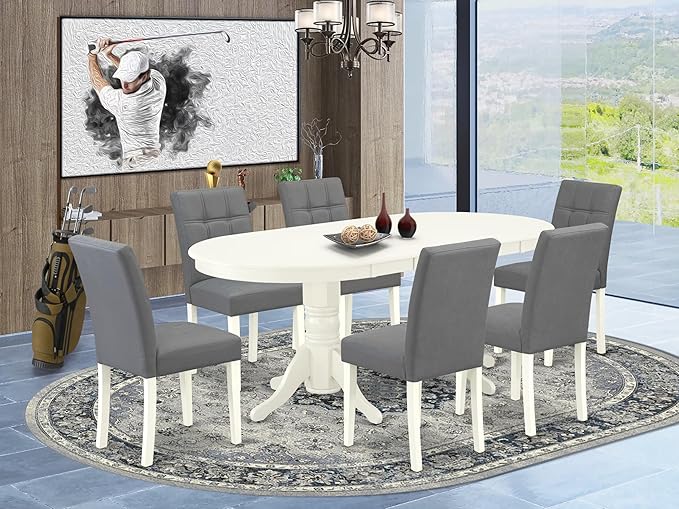 East West Furniture VAAS7-LWH-41 7 Piece Modern Dining Table Set contain A Dinner Table and 6 Platinum Gray Polyester Fabric Wooden Chairs with Stylish Back- Linen White Finish