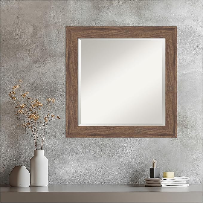 Amanti Art Brown Wall Mirror 25x25 Pia Medium Brown Square Bathroom Mirror for Wall Decor Living Room, Medium Casual Frame, Hangs Horizonally and Vertically, Bathroom Decor, Beveled Edge