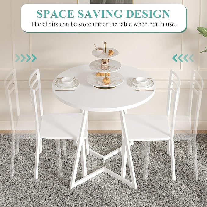VECELO Small Round Dining Table Set for 2, Wood Tabletop with Strong Metal Frame, Modern Dinette with Chairs for Kitchen, Breakfast Nook Living Room, Pure White