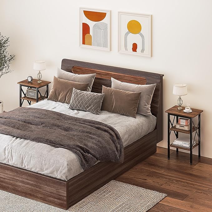 VECELO End Table Set of 2, Bedside Table, 24" Tall Living Room End Tables, X-Design Reinforced Nightstands, Side Table with 3-Tier Storage Shelves for Small Spaces, Office, Bedroom, Rustic Brown