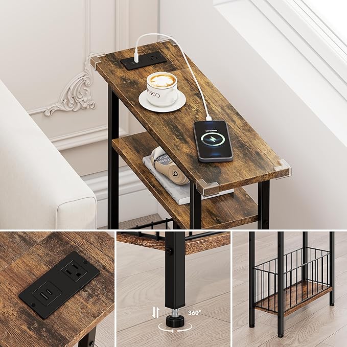Vagusicc Narrow Side Table with Charging Station, 3-Tier Skinny Side End Table for Couch Sofa, Small End Side Tables for Small Spaces, 25.2" Tall Slim Nightstand for Living Room, Bedroom, Rustic Brown