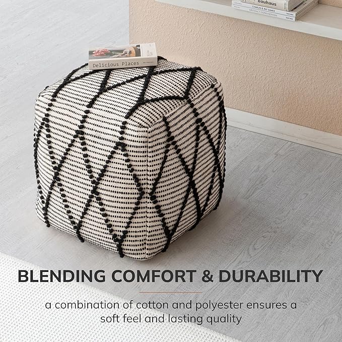 Anji Mountain 100% Handmade & Handcrafted Comfortable Home Décor Pouf Ottoman Footrest for Living Room, Bedroom, Nursery, Kidsroom, Patio Furniture - (19" x 19" x 17"- Black,White)